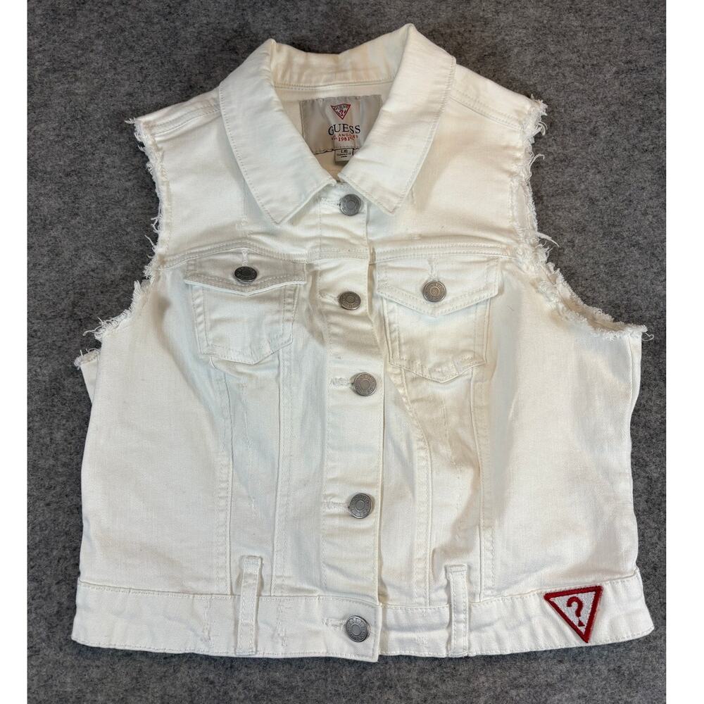 Guess Jean Vest Jacket Womens Large White Denim Button Front Frayed Streetwear